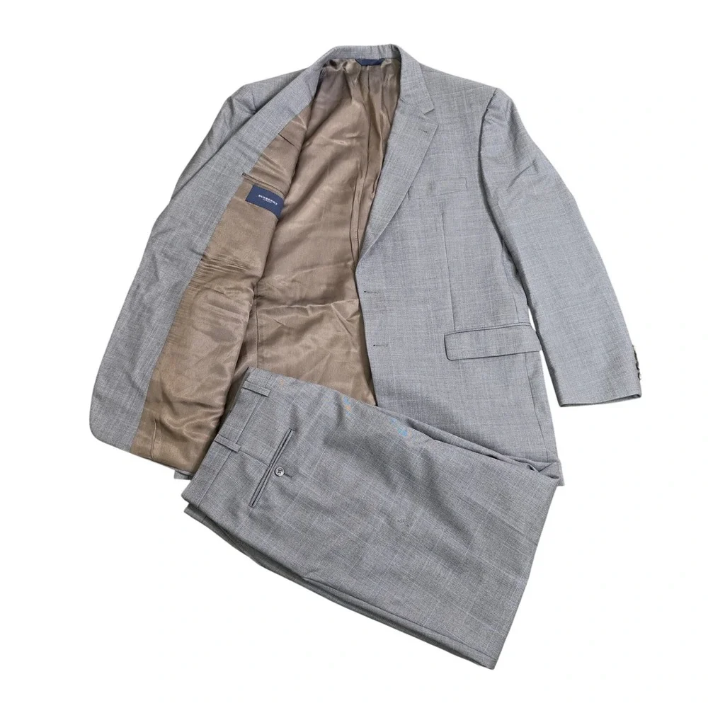 Burberry London Suit Gray Window Pane Plaid Mens 46L‎ Wool 2-Piece 40x31 Pleated